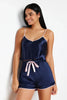 Navy Blue Woven Pajama Set with Satin Shorts and Ribbon/Bow/Tie Detail