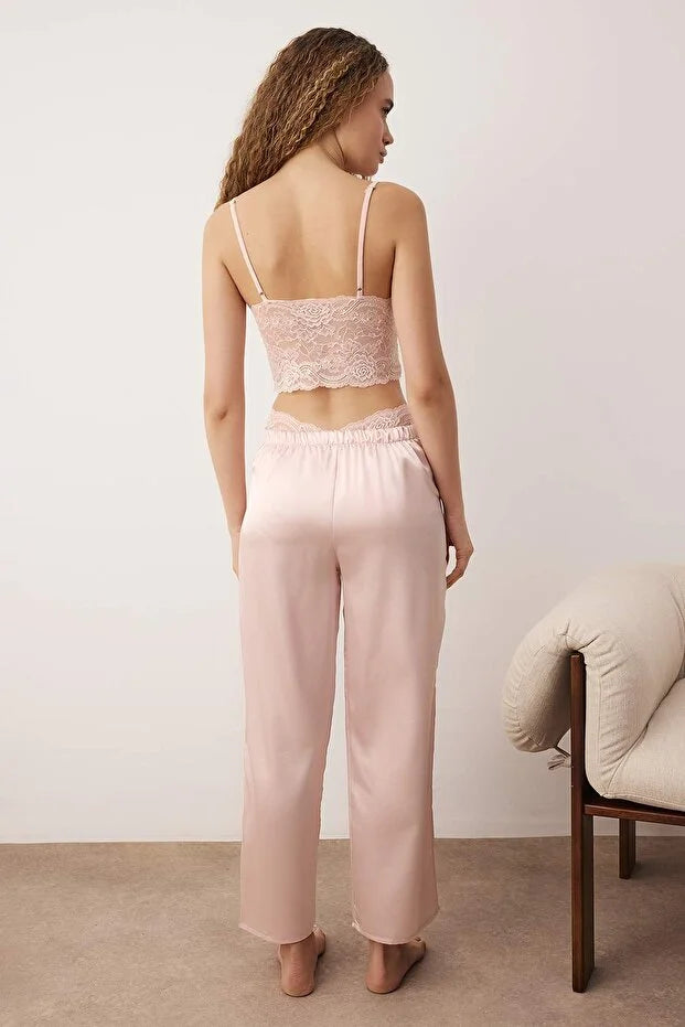 Pink 3-Piece Dowry Set: Lace Top, Satin Bottom, and Suspender Panty Woven Pajama Set