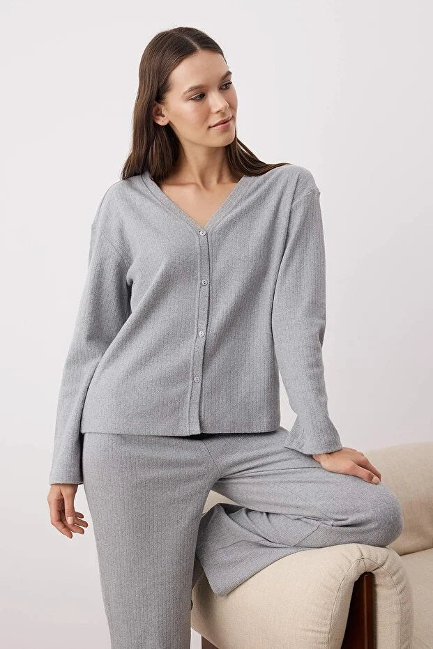 Gray Melange Cardigan Ribbed Knitted Pajama Set