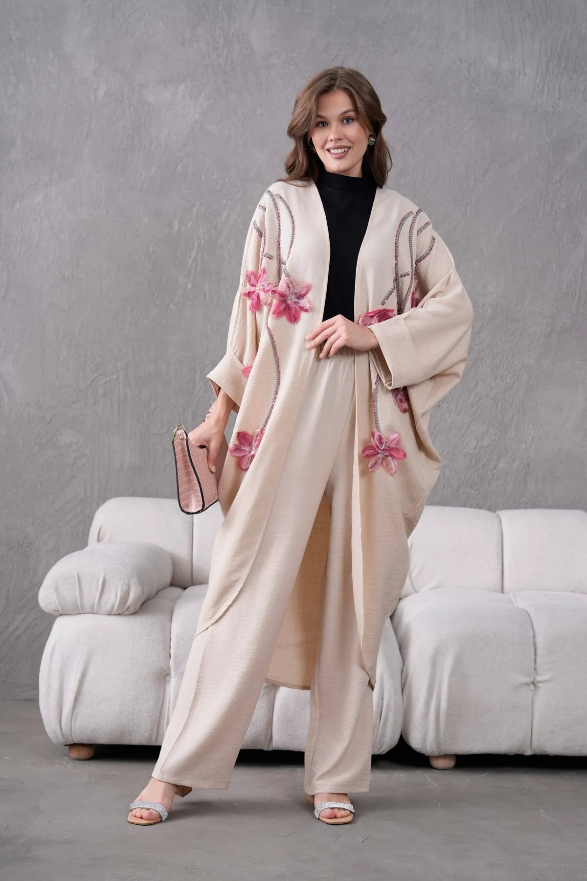 Women's Front Sequin Embroidered Tulle Flower Embroidered Linen Kimono and Trousers Bottom and Top Set