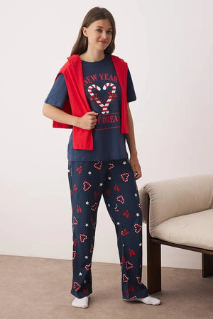 Navy Blue Christmas-Themed Heart Knitted Pajama Set