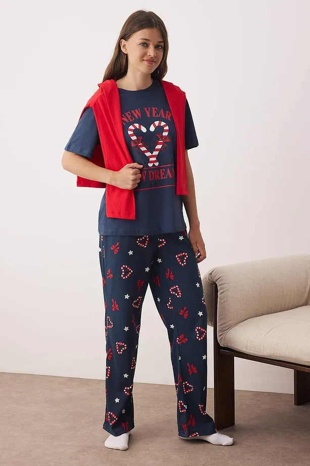 Navy Blue Christmas-Themed Heart Knitted Pajama Set