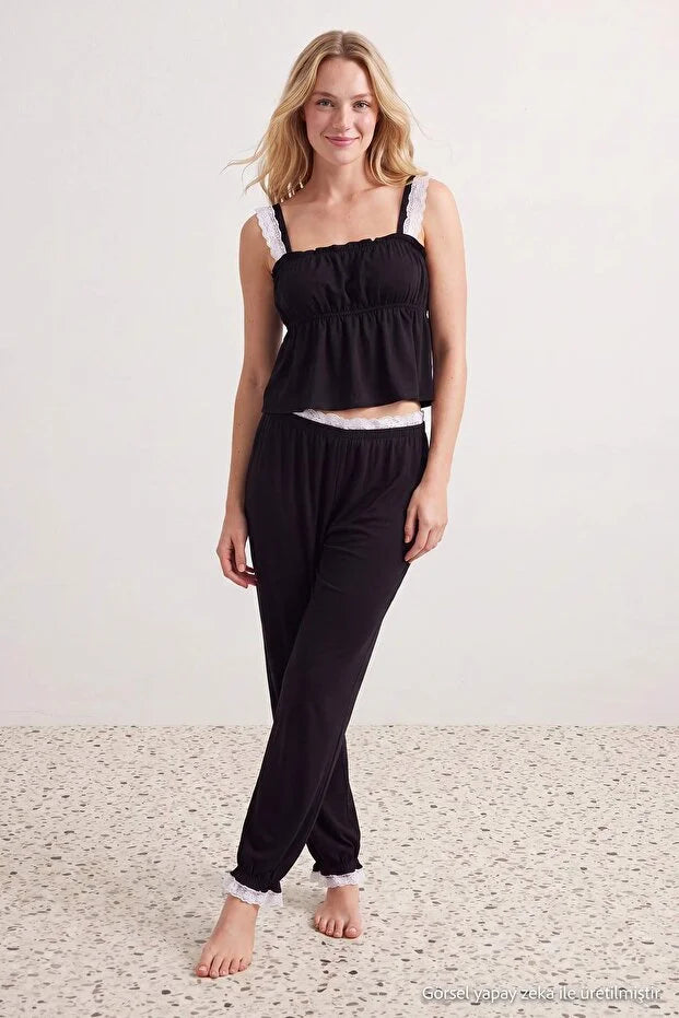 Black Lace Detail Woven Viscose Pajama Set