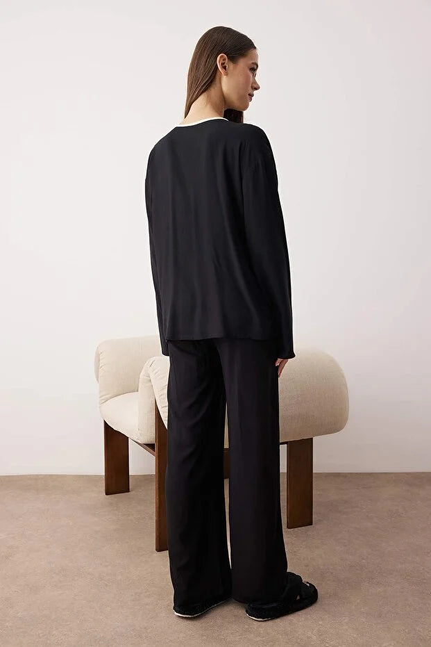 Black Plain Ribbon Shally Woven Pajama Set