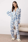 Blue-Multicolored Printed Shally Woven Pajama Set