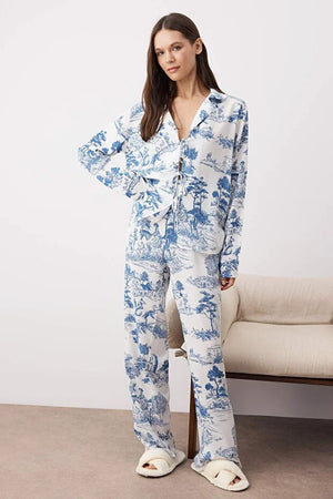 Blue-Multicolored Printed Shally Woven Pajama Set