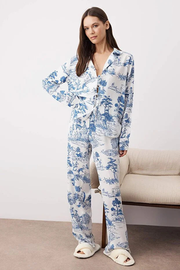 Blue-Multicolored Printed Shally Woven Pajama Set