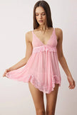 Pink Tulle Ribbon/Bow and Lace Detailed Unlined Pantyhose Babydoll/Fantasy Nightgown
