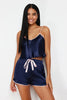 Navy Blue Woven Pajama Set with Satin Shorts and Ribbon/Bow/Tie Detail