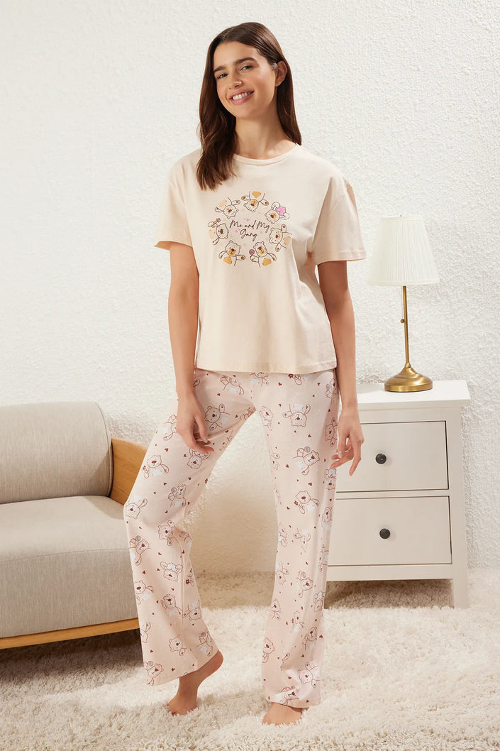 Light Powder 100% Cotton Teddy Bear and Heart Knitted Pajama Set