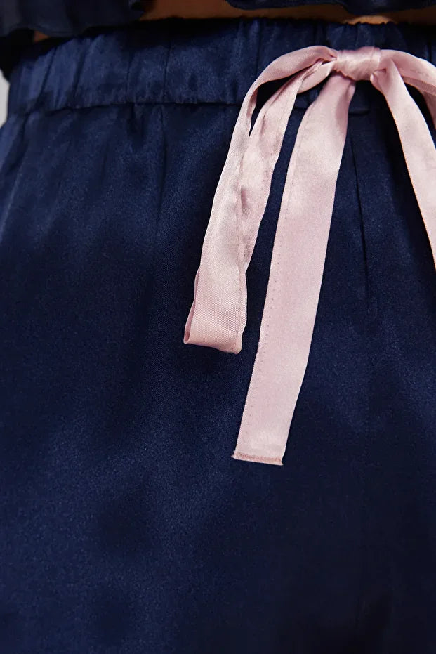 Navy Blue Woven Pajama Set with Satin Shorts and Ribbon/Bow/Tie Detail