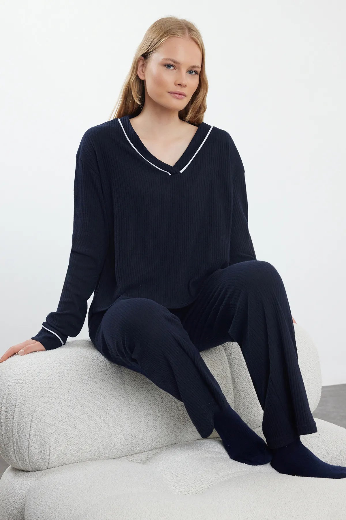 Navy Blue Piping Detailed Ribbed Knitted Pajama Set