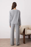 Gray Melange Cardigan Ribbed Knitted Pajama Set