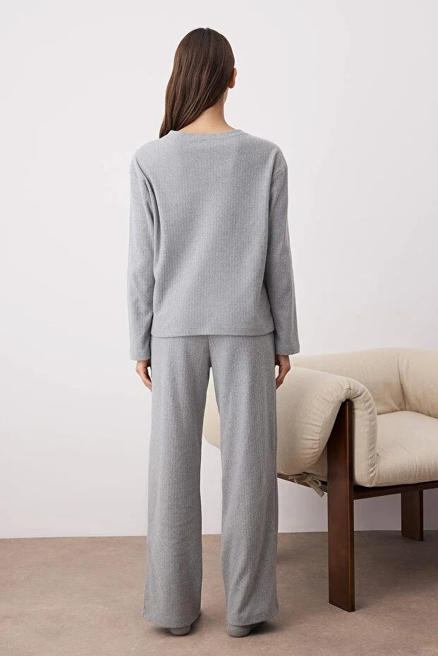 Gray Melange Cardigan Ribbed Knitted Pajama Set