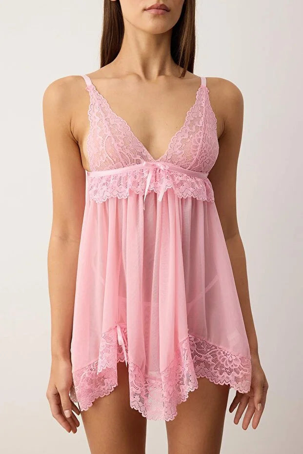 Pink Tulle Ribbon/Bow and Lace Detailed Unlined Pantyhose Babydoll/Fantasy Nightgown