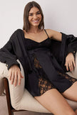 Black Satin-Woven Nightgown with Lace and Ribbon/Bow Detail