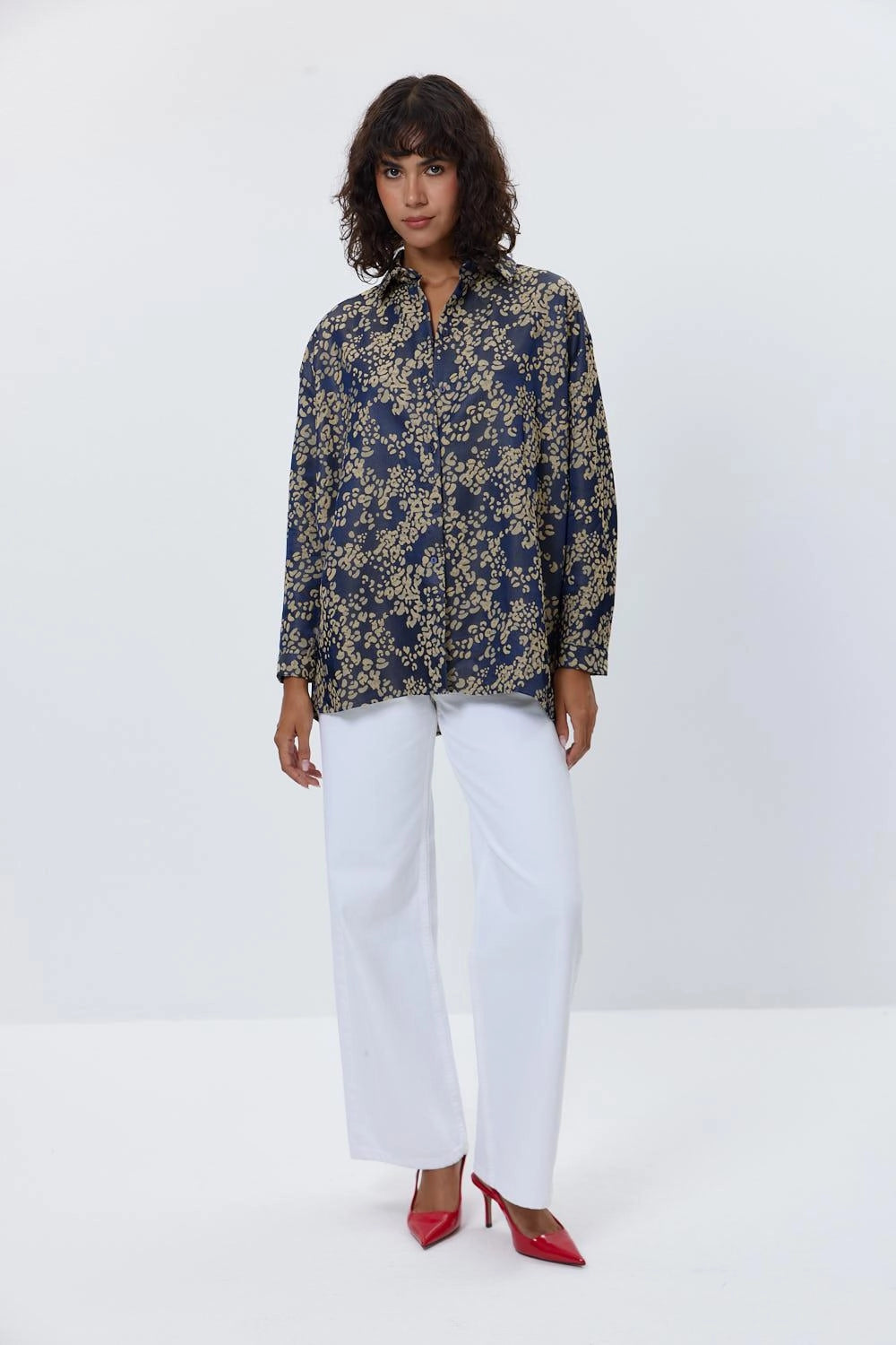 Oversized Patterned Satin Navy Blue Women's Shirt