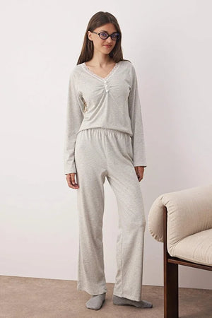 Gray Melange Cotton Lace Detail Knit Pajama Set