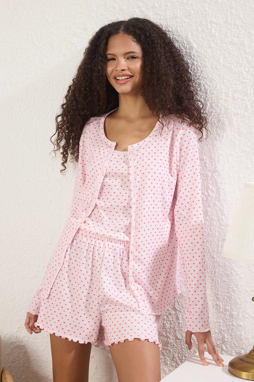 Pink 3-Piece Heart and Polka Dot Ribbed Shorts Knitted Pajama Set