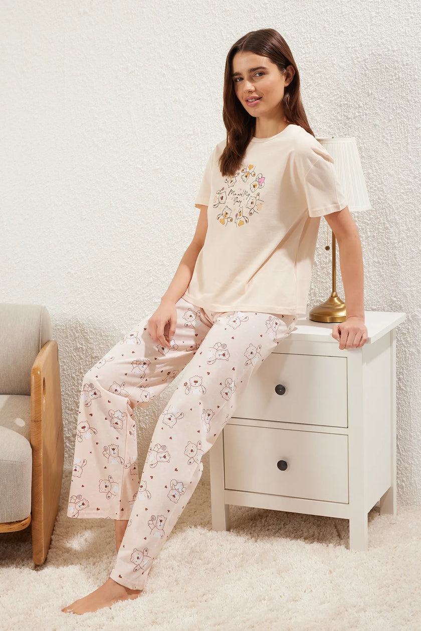 Light Powder 100% Cotton Teddy Bear and Heart Knitted Pajama Set