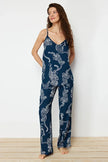 Navy Blue Tiger Printed Viscose Woven Pajama Set with Rope Straps