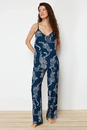 Navy Blue Tiger Printed Viscose Woven Pajama Set with Rope Straps