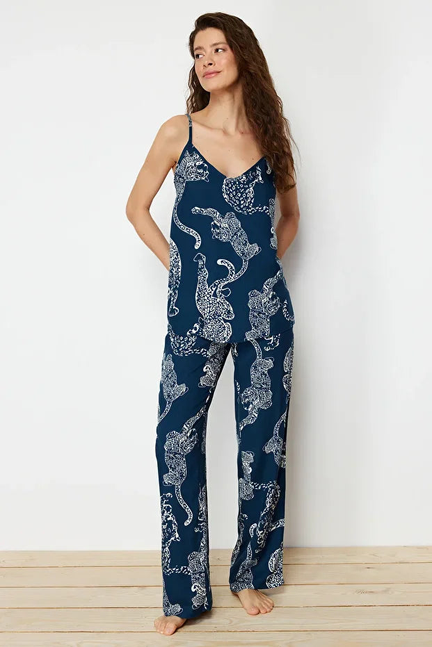 Navy Blue Tiger Printed Viscose Woven Pajama Set with Rope Straps