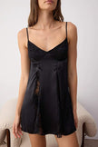 Black Satin-Woven Nightgown with Lace and Ribbon/Bow Detail