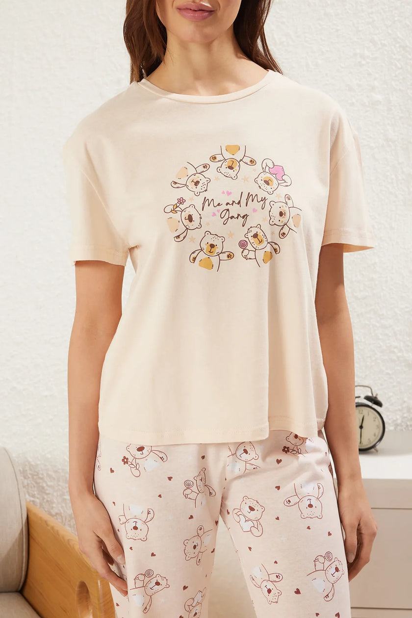 Light Powder 100% Cotton Teddy Bear and Heart Knitted Pajama Set