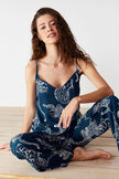 Navy Blue Tiger Printed Viscose Woven Pajama Set with Rope Straps