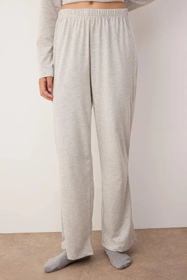 Gray Melange Cotton Lace Detail Knit Pajama Set