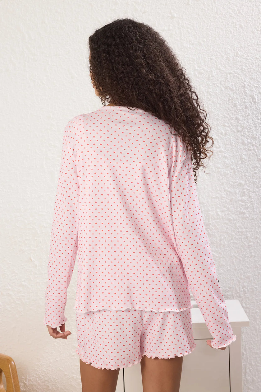 Pink 3-Piece Heart and Polka Dot Ribbed Shorts Knitted Pajama Set