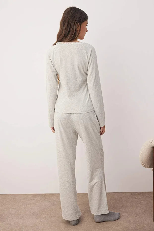 Gray Melange Cotton Lace Detail Knit Pajama Set
