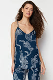 Navy Blue Tiger Printed Viscose Woven Pajama Set with Rope Straps