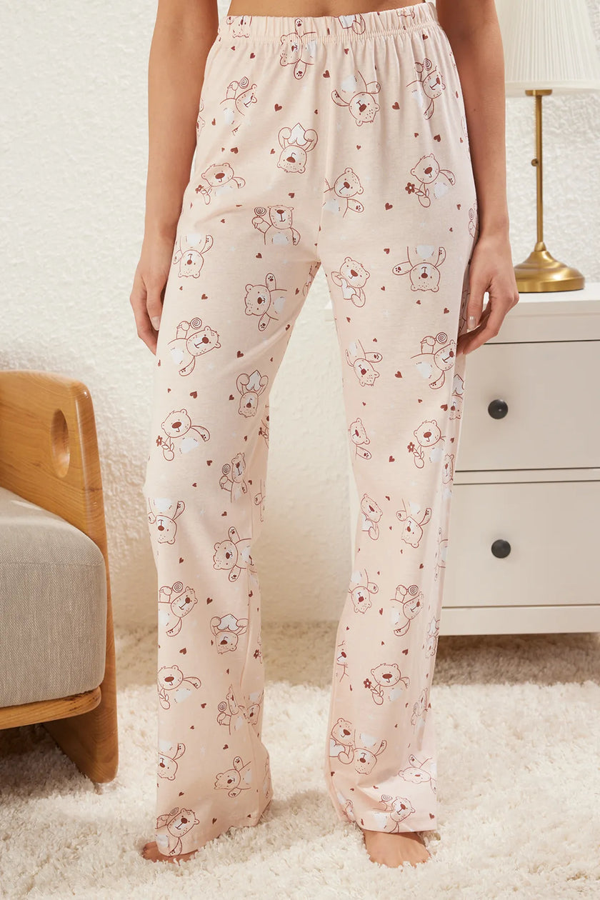 Light Powder 100% Cotton Teddy Bear and Heart Knitted Pajama Set