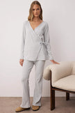 Gray Melange Tie Detail Double-Breasted Ribbed Knit Pajama Set