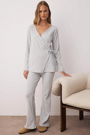 Gray Melange Tie Detail Double-Breasted Ribbed Knit Pajama Set