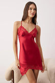 Burgundy Single Plain Lace Satin Weave Nightgown