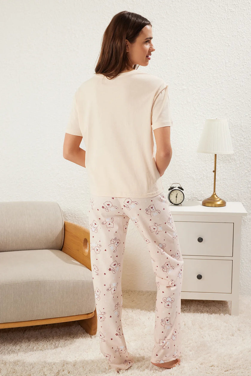 Light Powder 100% Cotton Teddy Bear and Heart Knitted Pajama Set