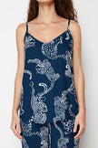 Navy Blue Tiger Printed Viscose Woven Pajama Set with Rope Straps