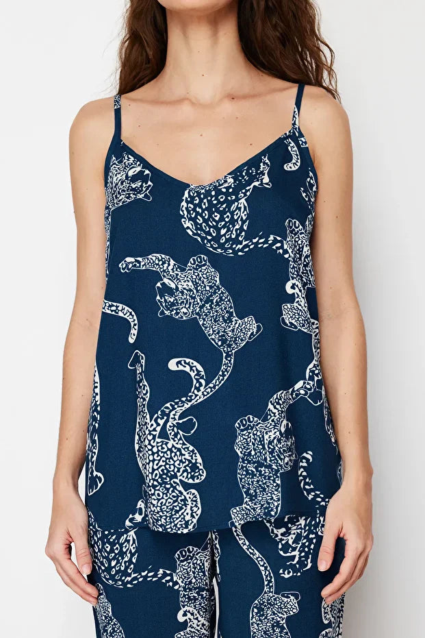 Navy Blue Tiger Printed Viscose Woven Pajama Set with Rope Straps
