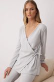 Gray Melange Tie Detail Double-Breasted Ribbed Knit Pajama Set