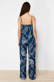 Navy Blue Tiger Printed Viscose Woven Pajama Set with Rope Straps