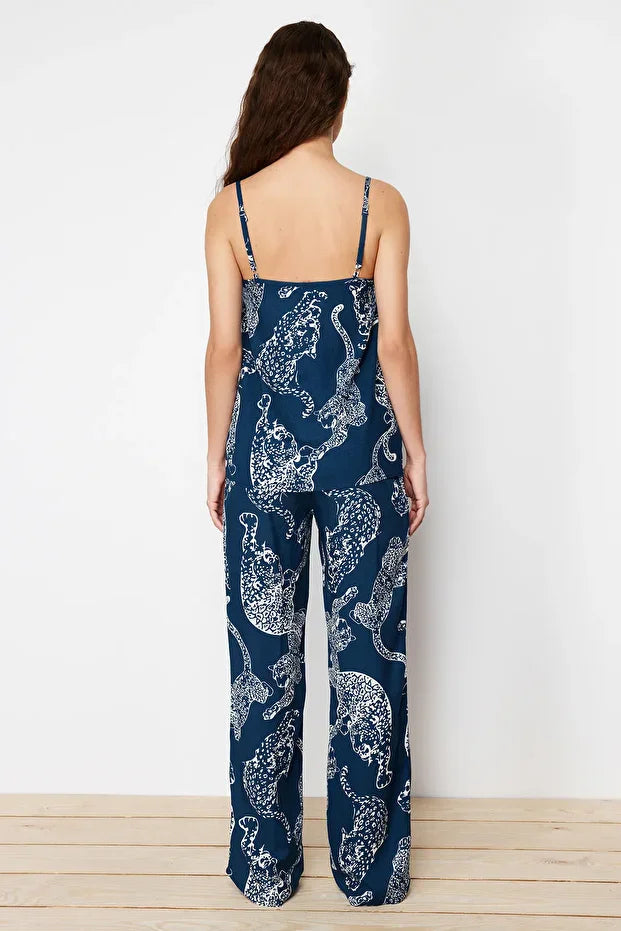 Navy Blue Tiger Printed Viscose Woven Pajama Set with Rope Straps