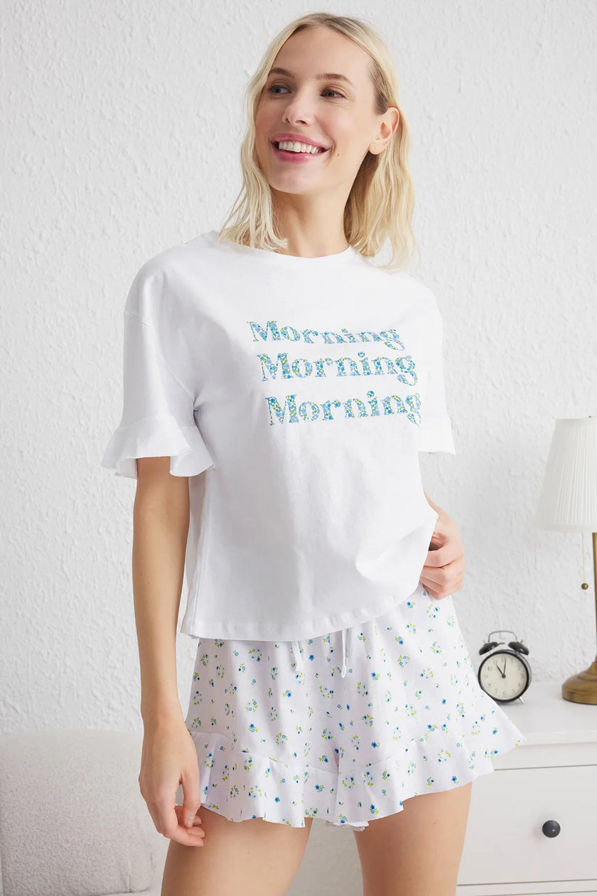 White-Multicolored 100% Cotton Floral and Slogan Flounce Shorts Knitted Pajama Set