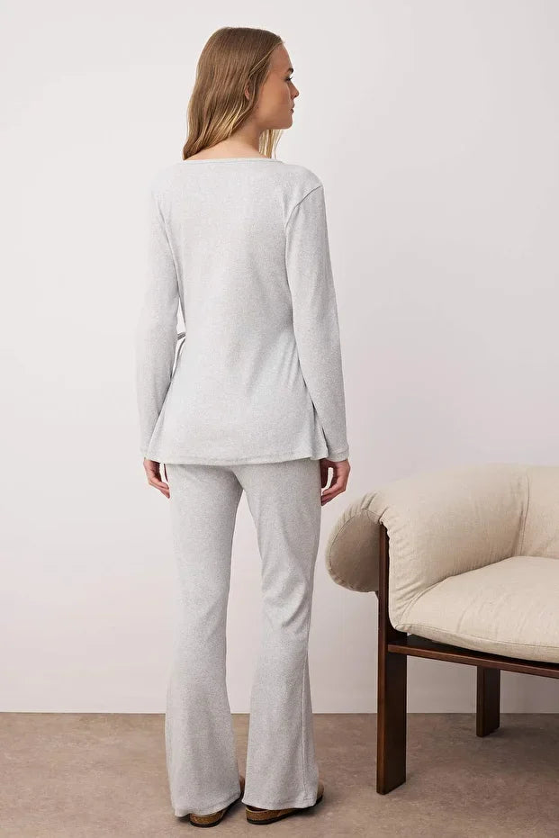 Gray Melange Tie Detail Double-Breasted Ribbed Knit Pajama Set