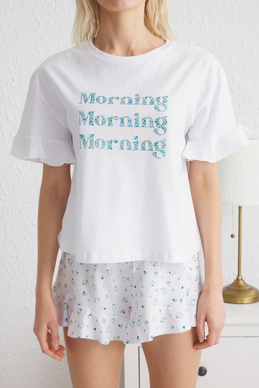 White-Multicolored 100% Cotton Floral and Slogan Flounce Shorts Knitted Pajama Set