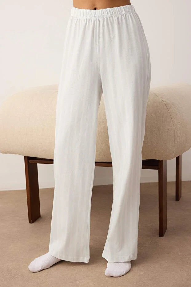 Light Blue 100% Cotton Striped Piping Detailed Knit Pajama Set