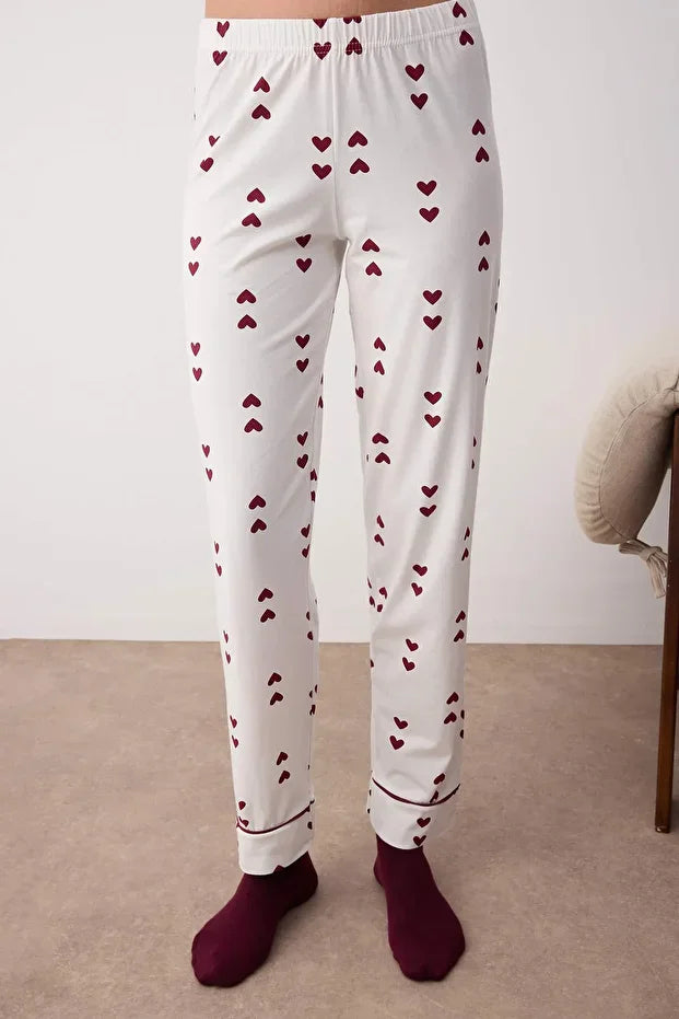 White Cotton Lycra Soft Touch Heart-Plated Knit Pajama Set