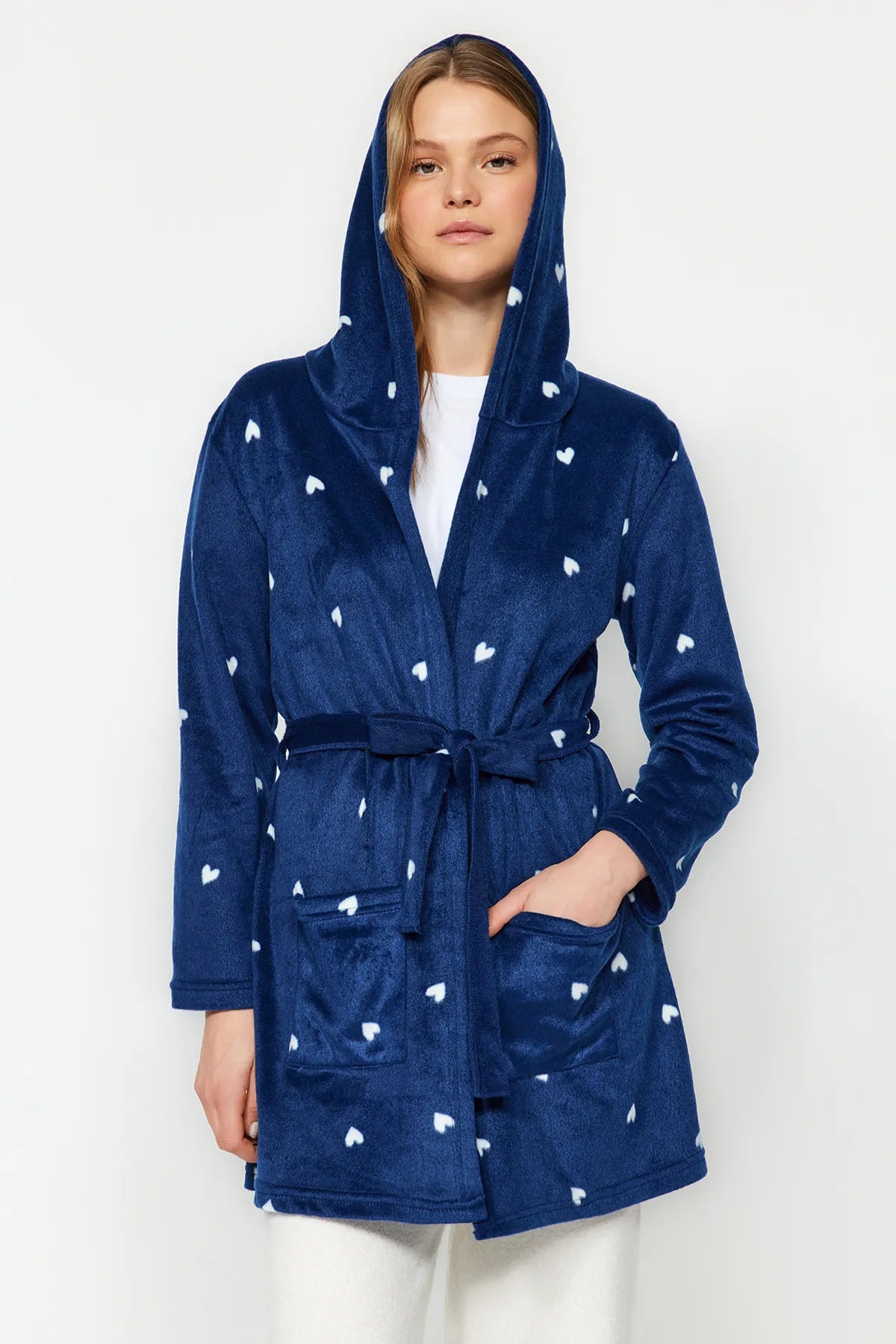 Navy Blue Belted Heart Patterned Pocket and Hood Detailed Polar Winter Knitted Dressing Gown